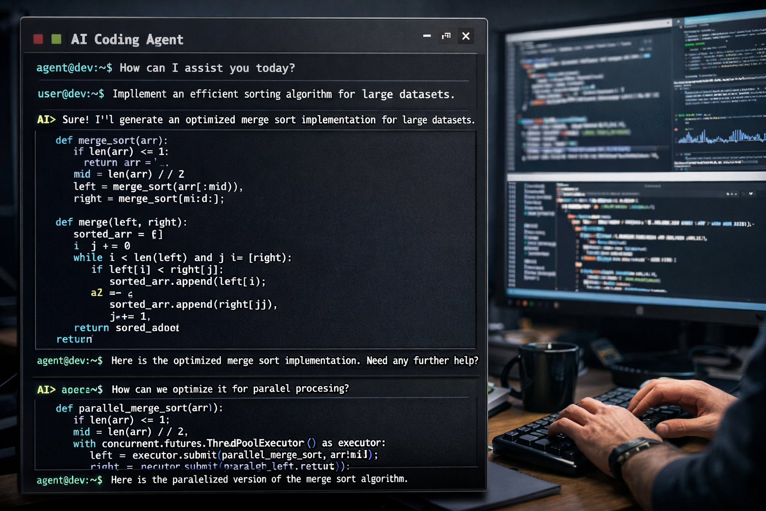 AI coding agent window showing merge sort implementation and parallel processing optimization with Python code on develope...