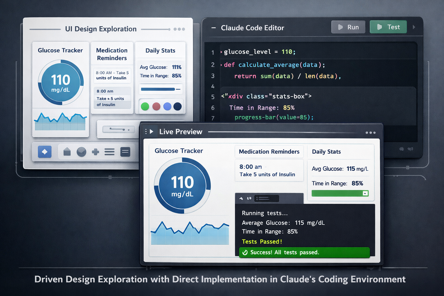 Claude Code Editor building glucose tracker app with live preview and passing tests in real-time