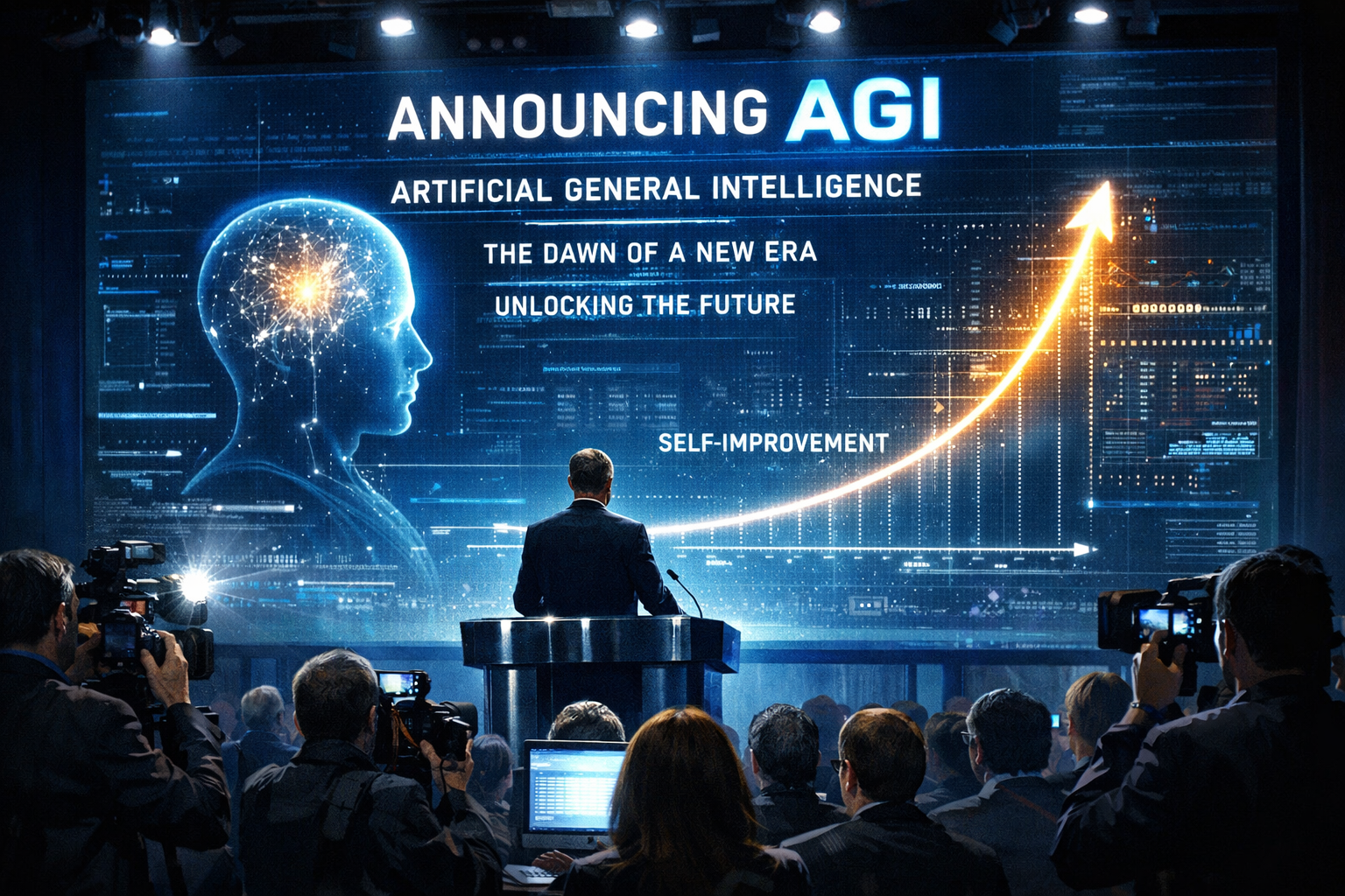 AGI announcement presentation with speaker at podium, displaying artificial intelligence concept with neural network visua...