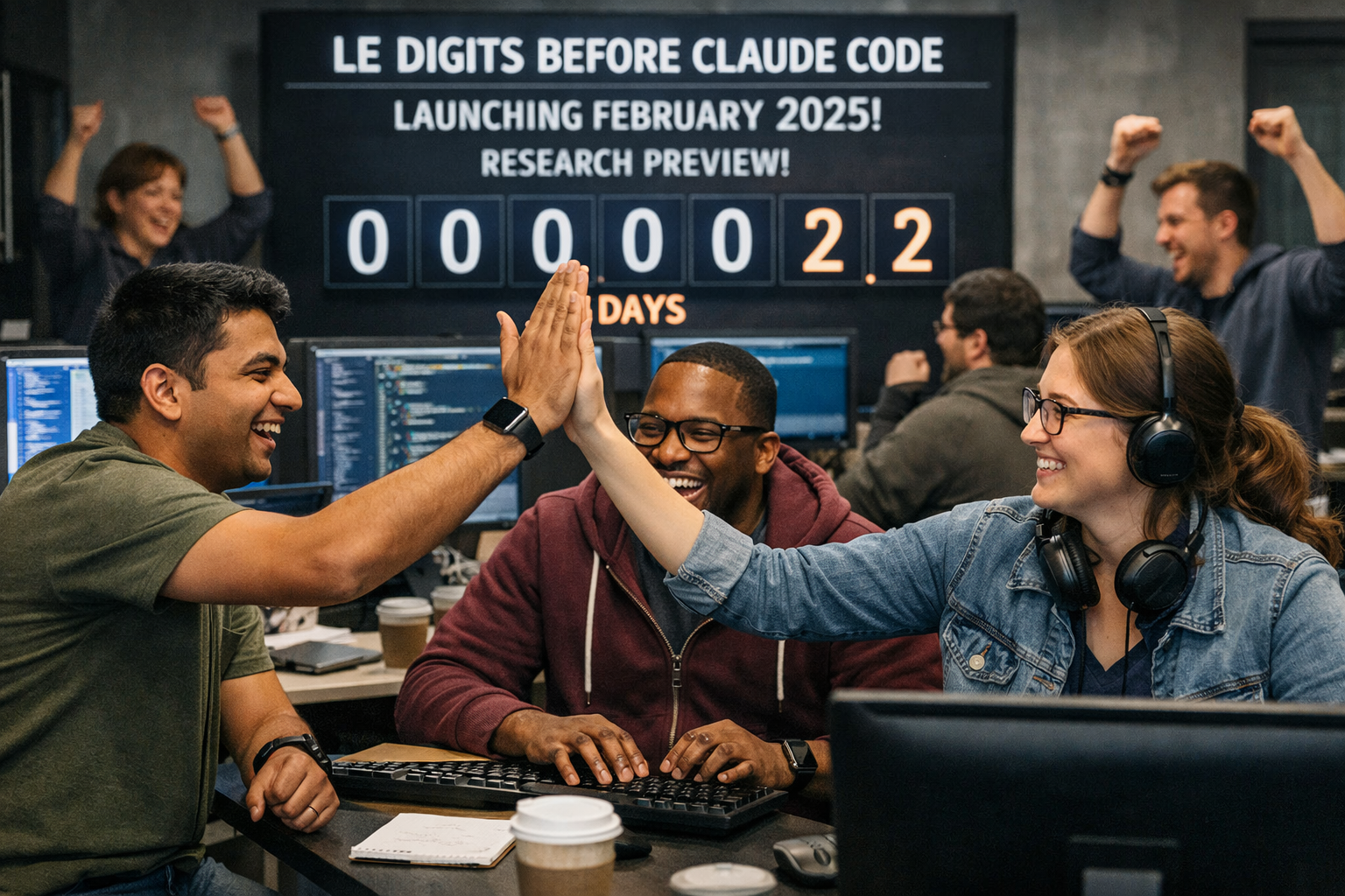 Team celebrating Claude AI code launch countdown at tech office with monitors and collaboration workspace.