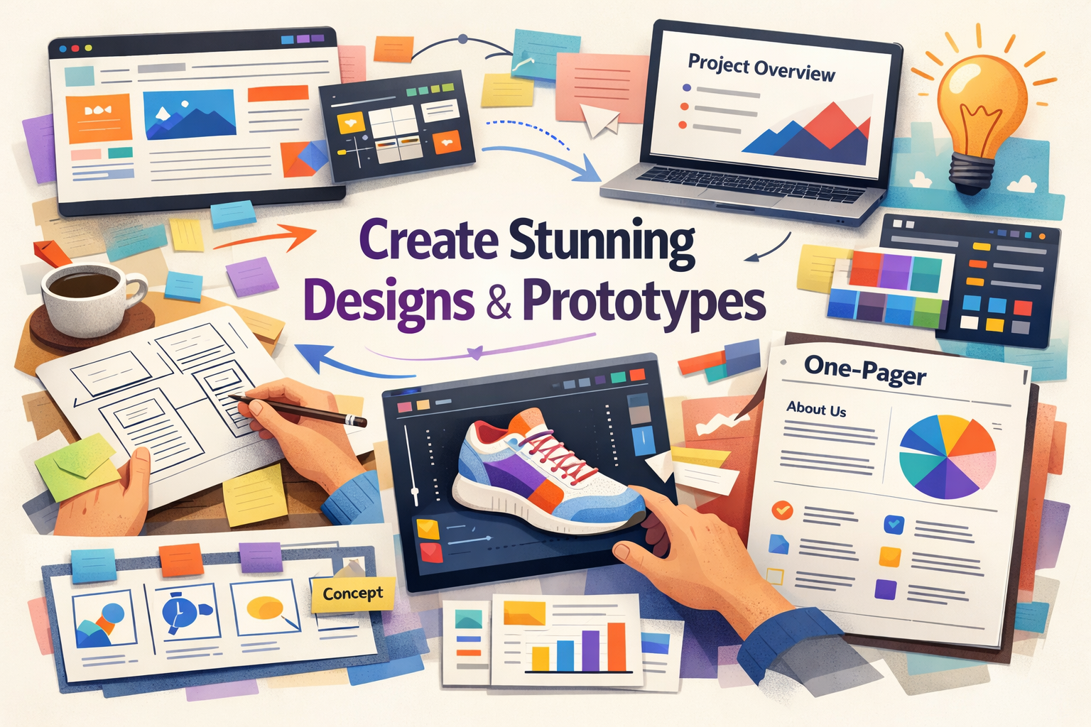 Design workflow illustration showing prototypes, wireframes, color palettes, and digital tools for creating stunning web d...