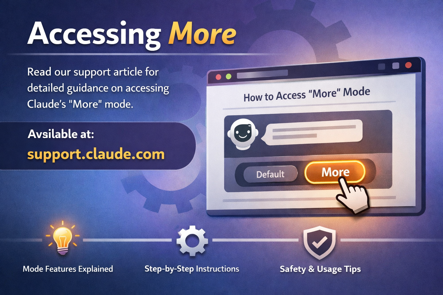 Guide to accessing Claude's More mode with support documentation link and feature overview.