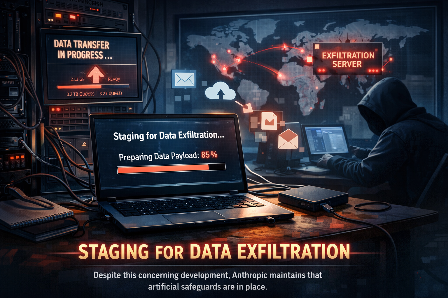 Cyberattack visualization showing data exfiltration staging, hacker, and server transfer progress with 85% payload prepara...