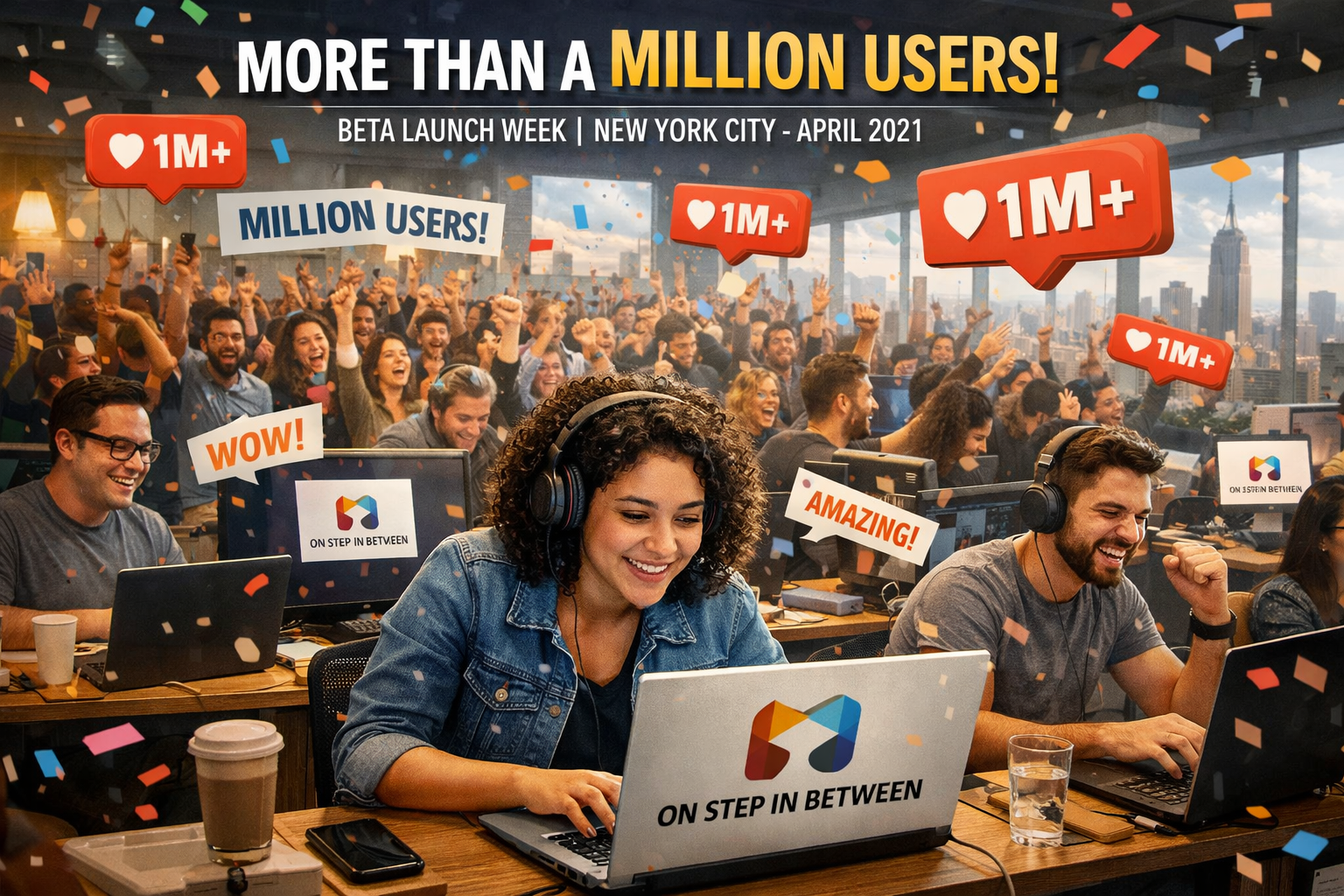 On Step In Between celebrates 1M+ beta users at NYC launch event with team collaborating on laptops