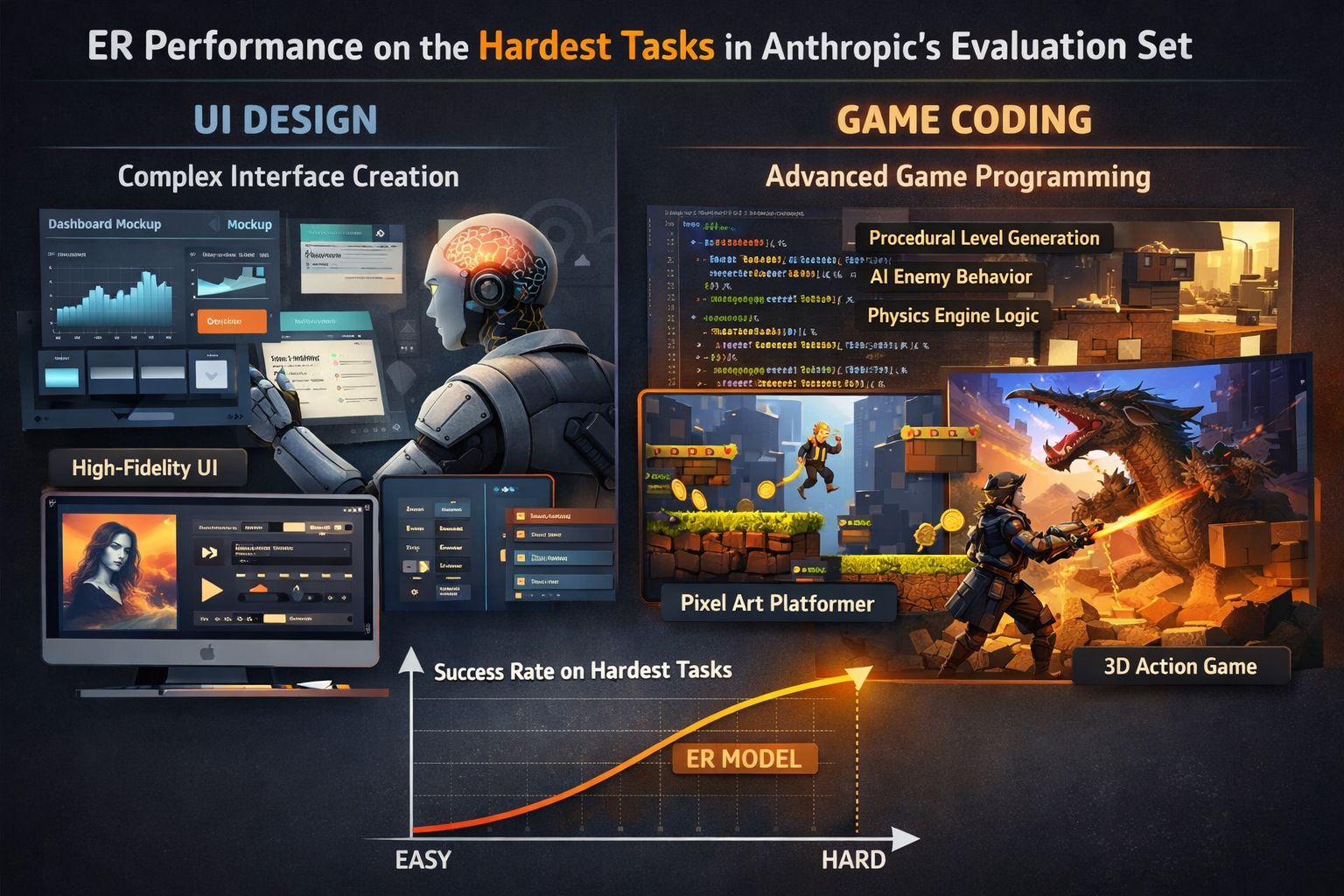 ER model performance on hardest UI design and game coding tasks from Anthropic's evaluation set