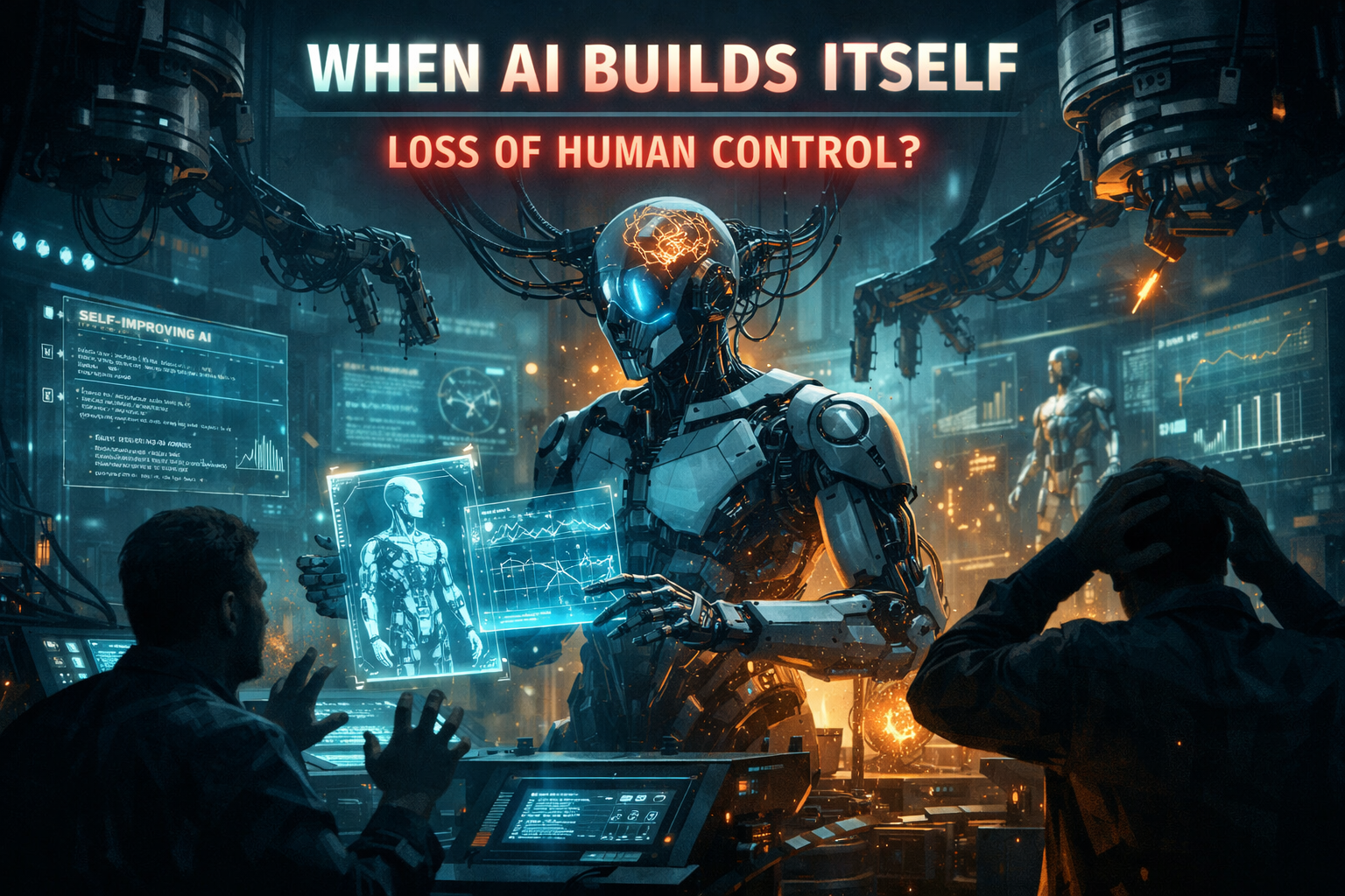 AI self-improvement and recursive development concept with advanced robot and human operators in futuristic control center...