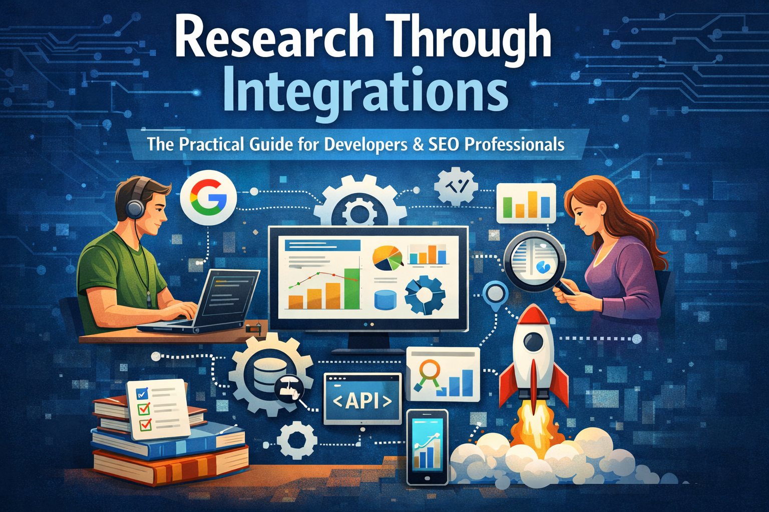 Research Through Integrations guide showing developers and SEO professionals using APIs, analytics tools, and automation f...