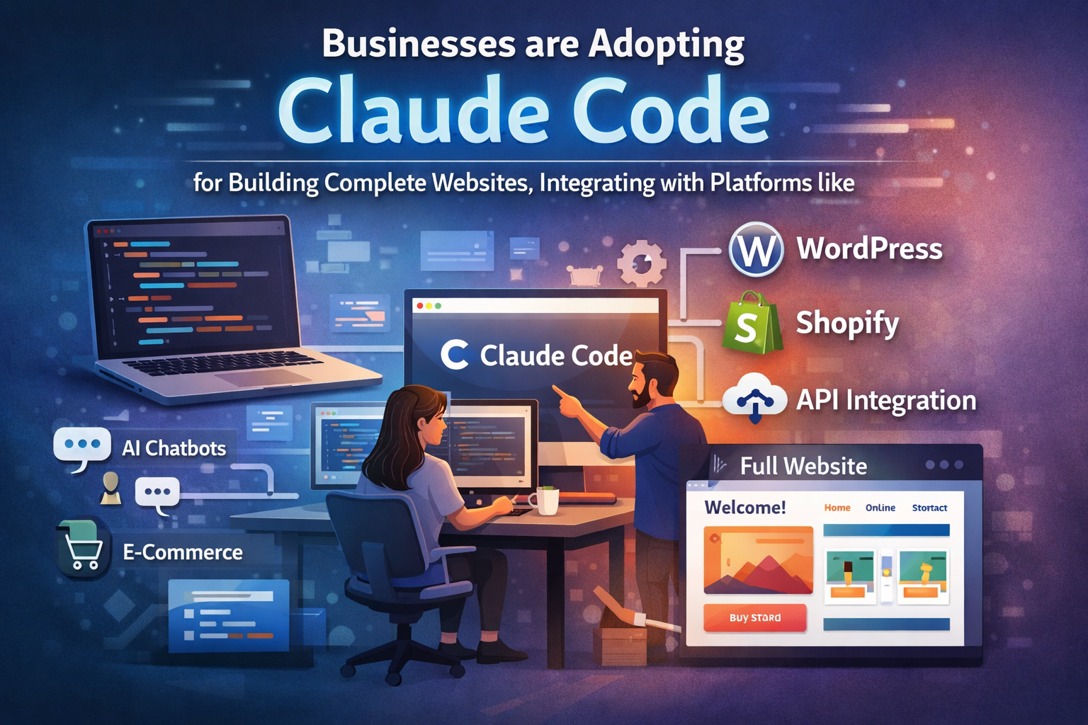 Claude Code enables no-code website building with WordPress, Shopify, and API integration for e-commerce and AI chatbots.