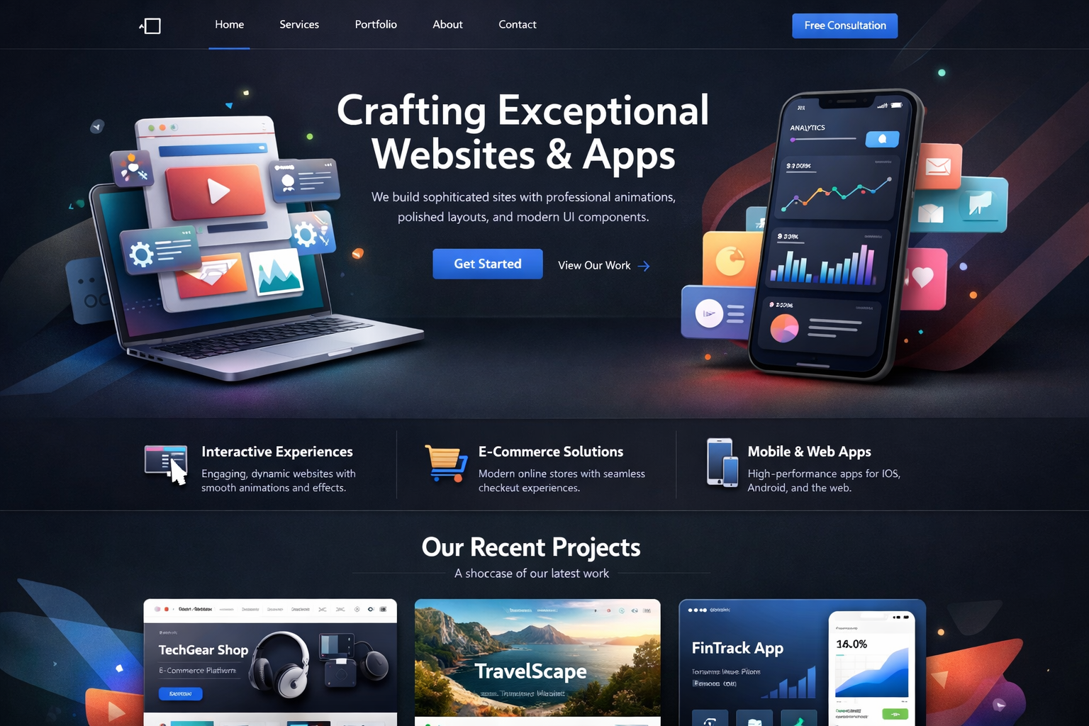 Web design agency homepage showcasing interactive websites and mobile apps with modern UI components and animations
