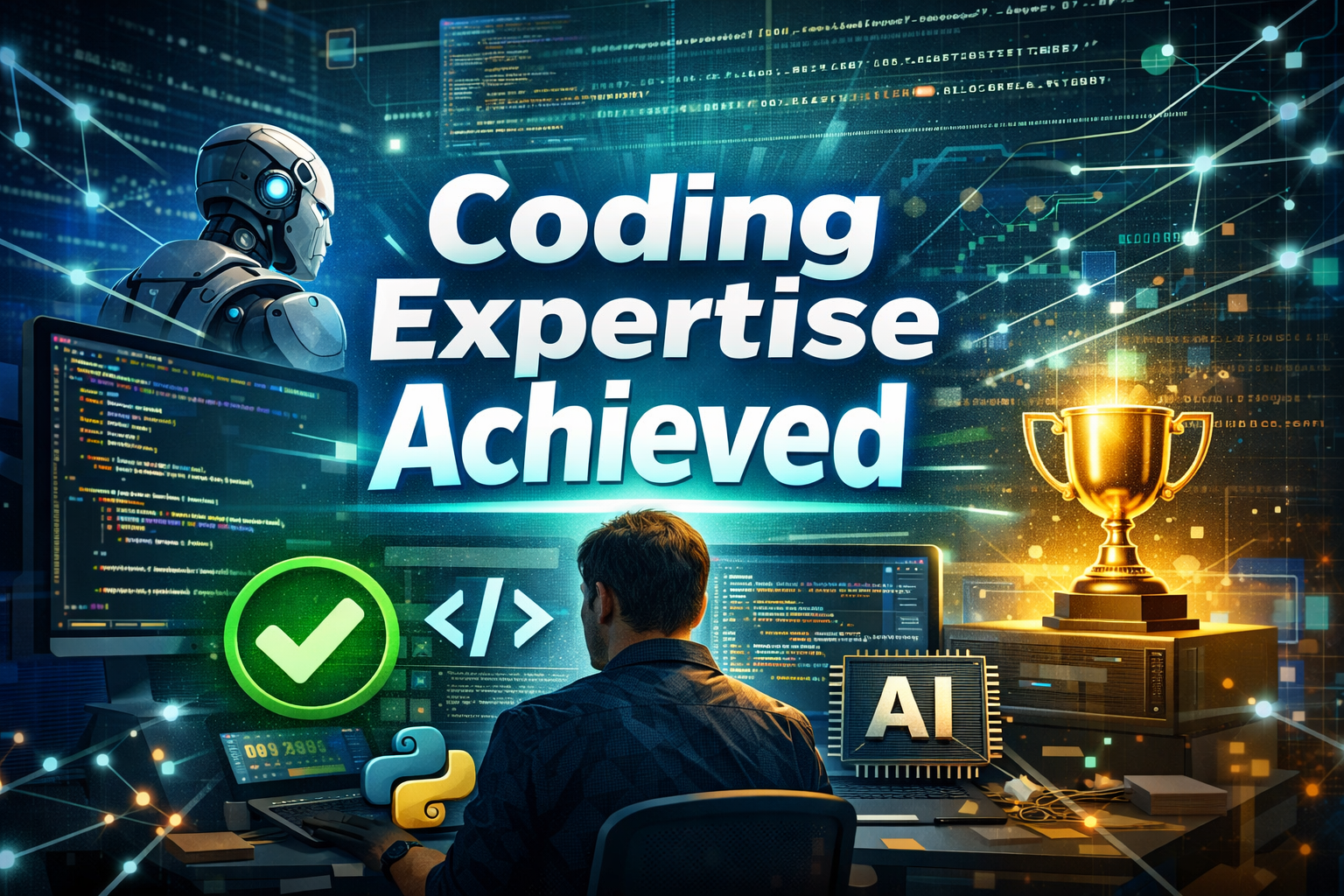 Programmer achieving coding expertise with AI assistance, displaying code, checkmark, and trophy symbols in digital worksp...