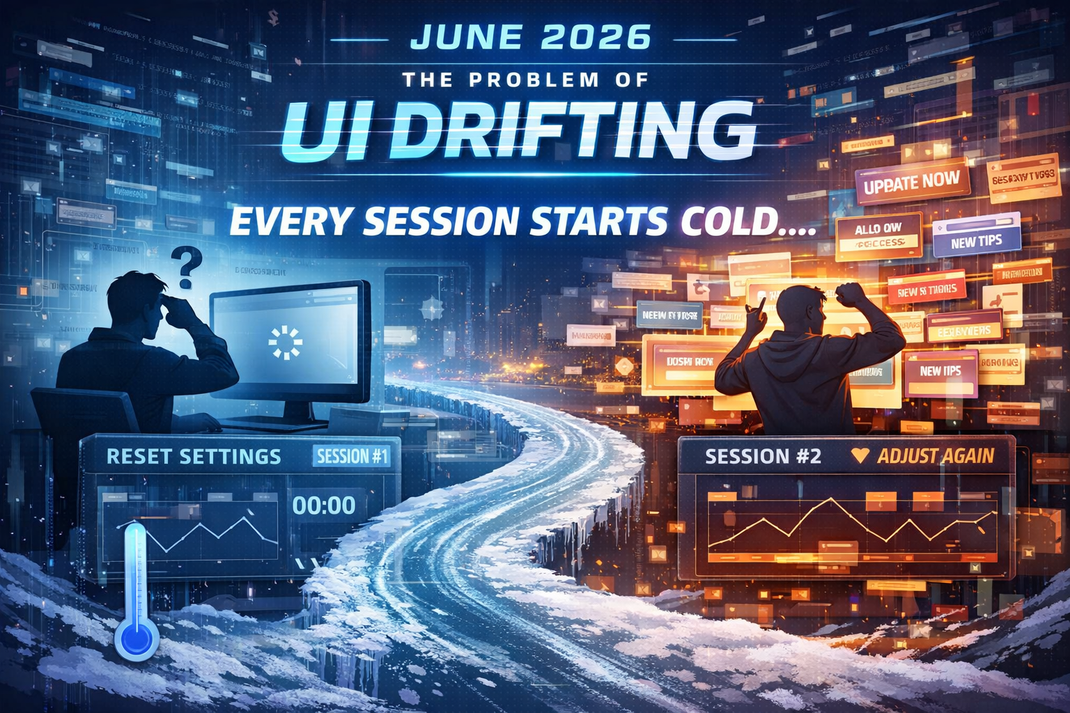 UI drift problem illustration: developer sessions resetting, cold starts affecting interface consistency and user experien...