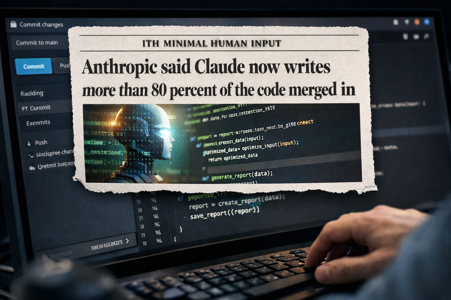 Claude AI writes 80% of Anthropic code merged in commits, shown on developer screen with code editor interface.