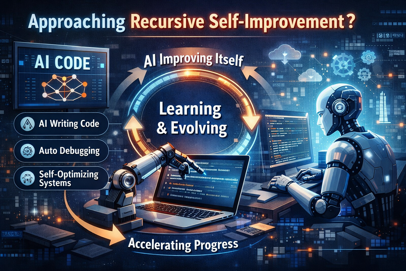 AI recursive self-improvement cycle showing code writing, debugging, and optimization for accelerating progress in machine...
