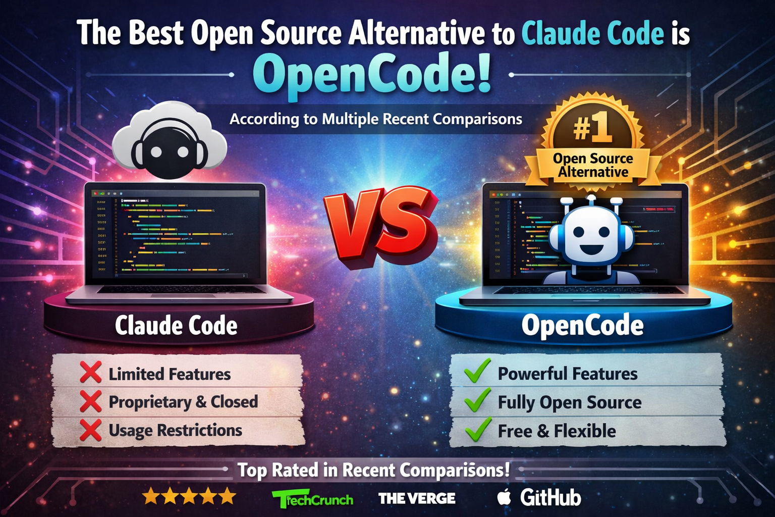 OpenCode vs Claude Code comparison showing open-source alternative features, ratings from TechCrunch GitHub and The Verge