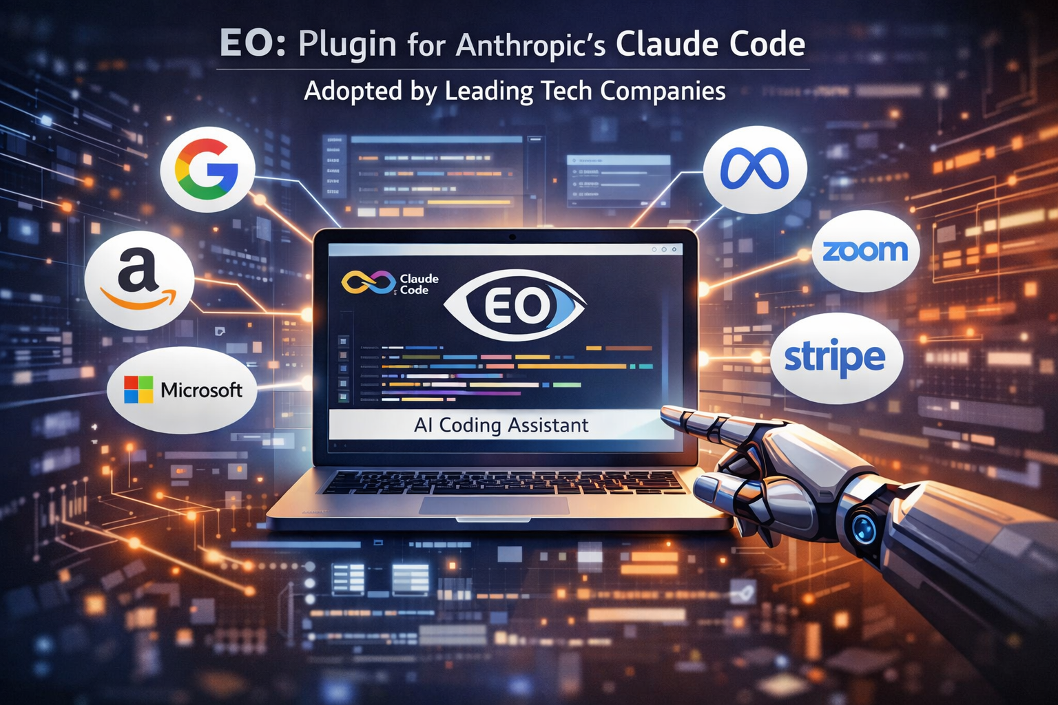 EO Claude Code AI plugin for tech companies like Google, Amazon, Microsoft, Zoom, and Stripe for automated coding assistance.