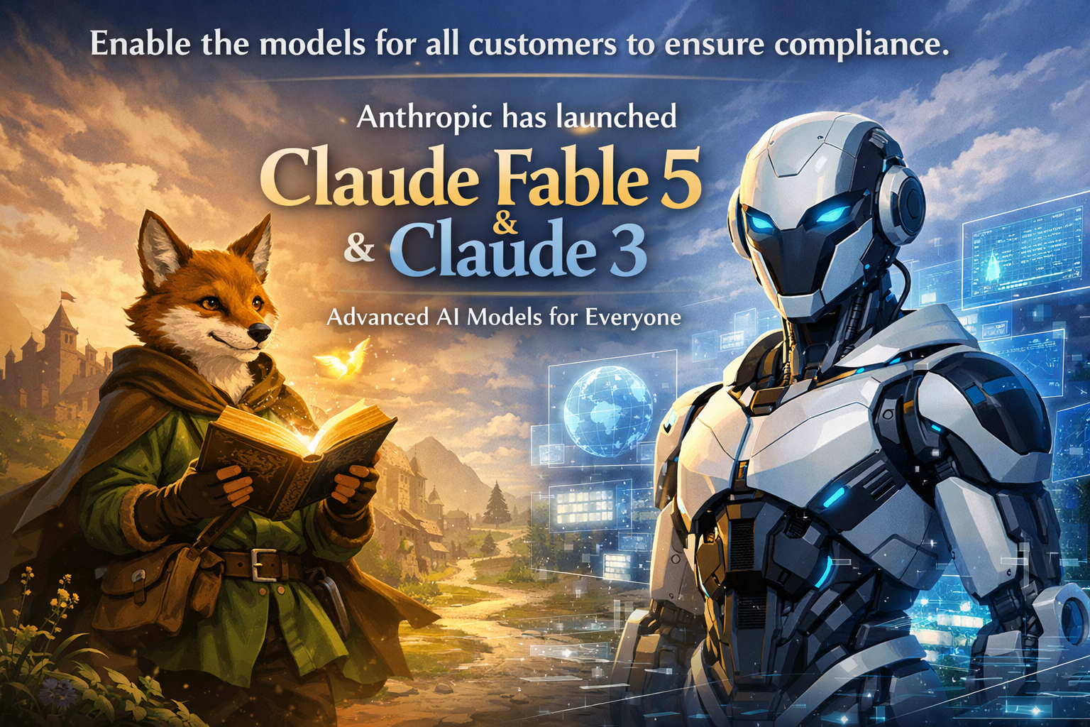 Claude Fable 5 and Claude 3 AI models launch announcement with fantasy fox and robot imagery for advanced AI accessibility.