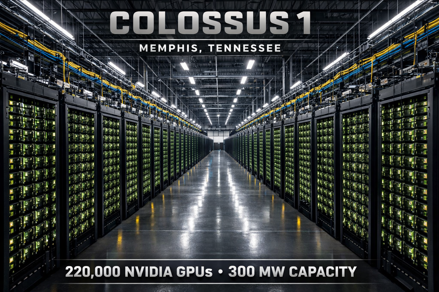 Colossus 1 AI data center in Memphis with 220,000 NVIDIA GPUs and 300 MW capacity powering Claude AI