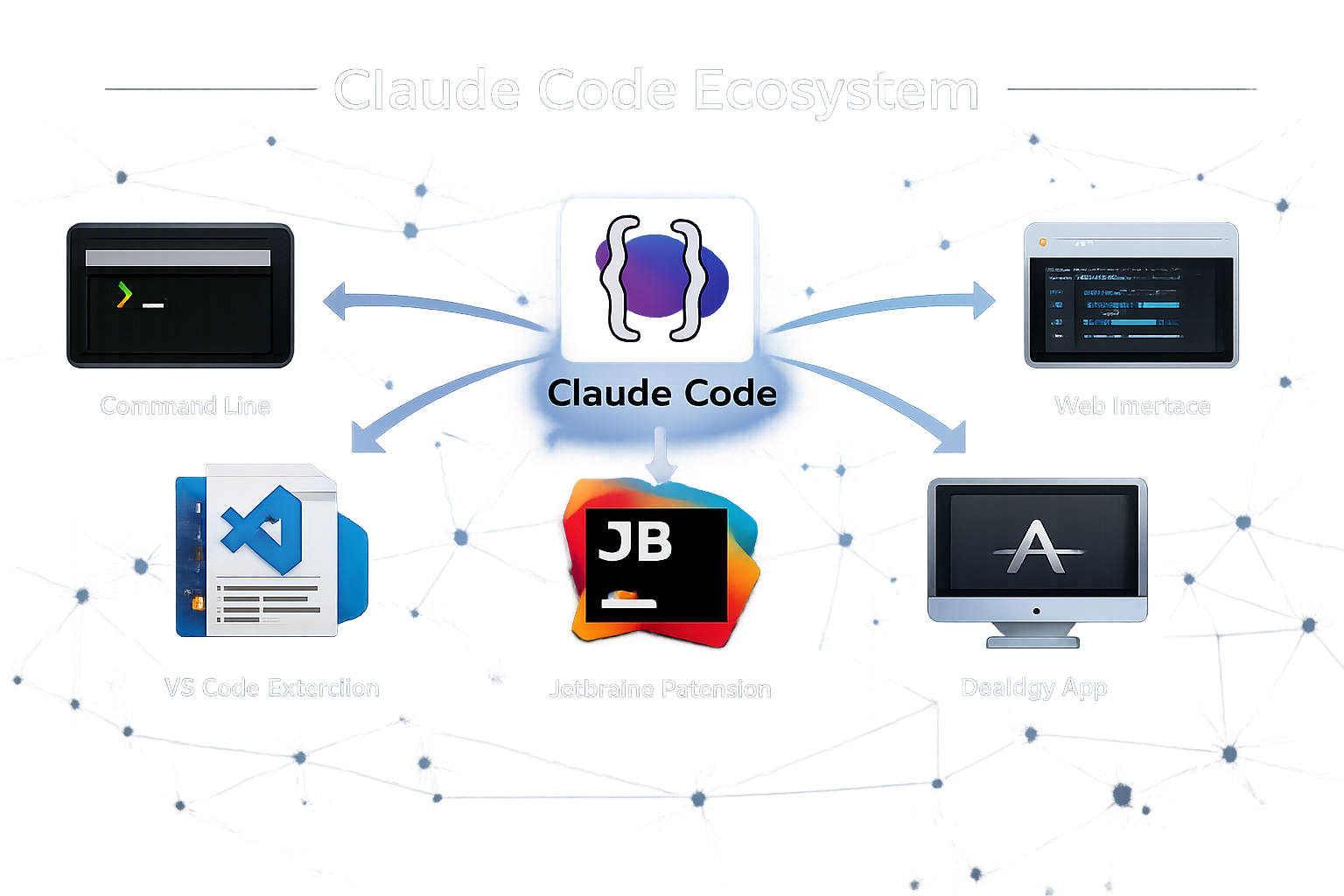 Claude Code ecosystem diagram showing integration with Command Line, Web Interface, VS Code Extension, Jetbrains, and Dead...