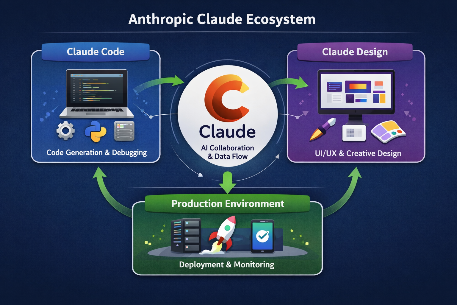 Claude AI ecosystem diagram showing code generation, UI/UX design, and deployment workflow with browser integration capabi...
