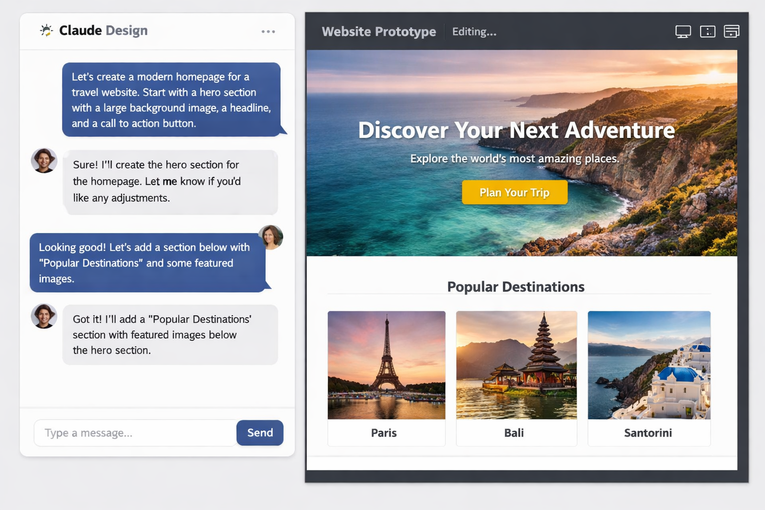 Claude AI design conversation showing travel website prototype with hero section, "Discover Your Next Adventure" headline,...