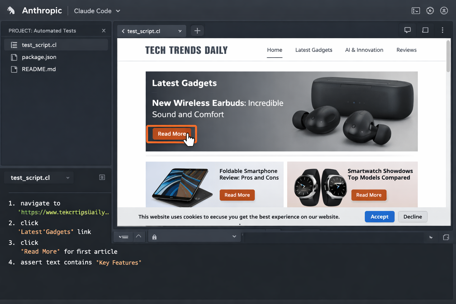 Claude Code IDE with automated test script for Tech Trends Daily website testing and browser automation features.