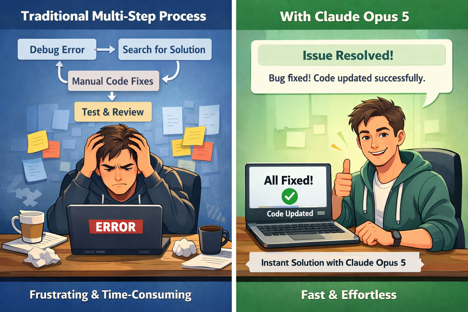 Claude Opus 5 debugging comparison: frustrating multi-step error fixing vs. instant AI-powered code solutions for developers.
