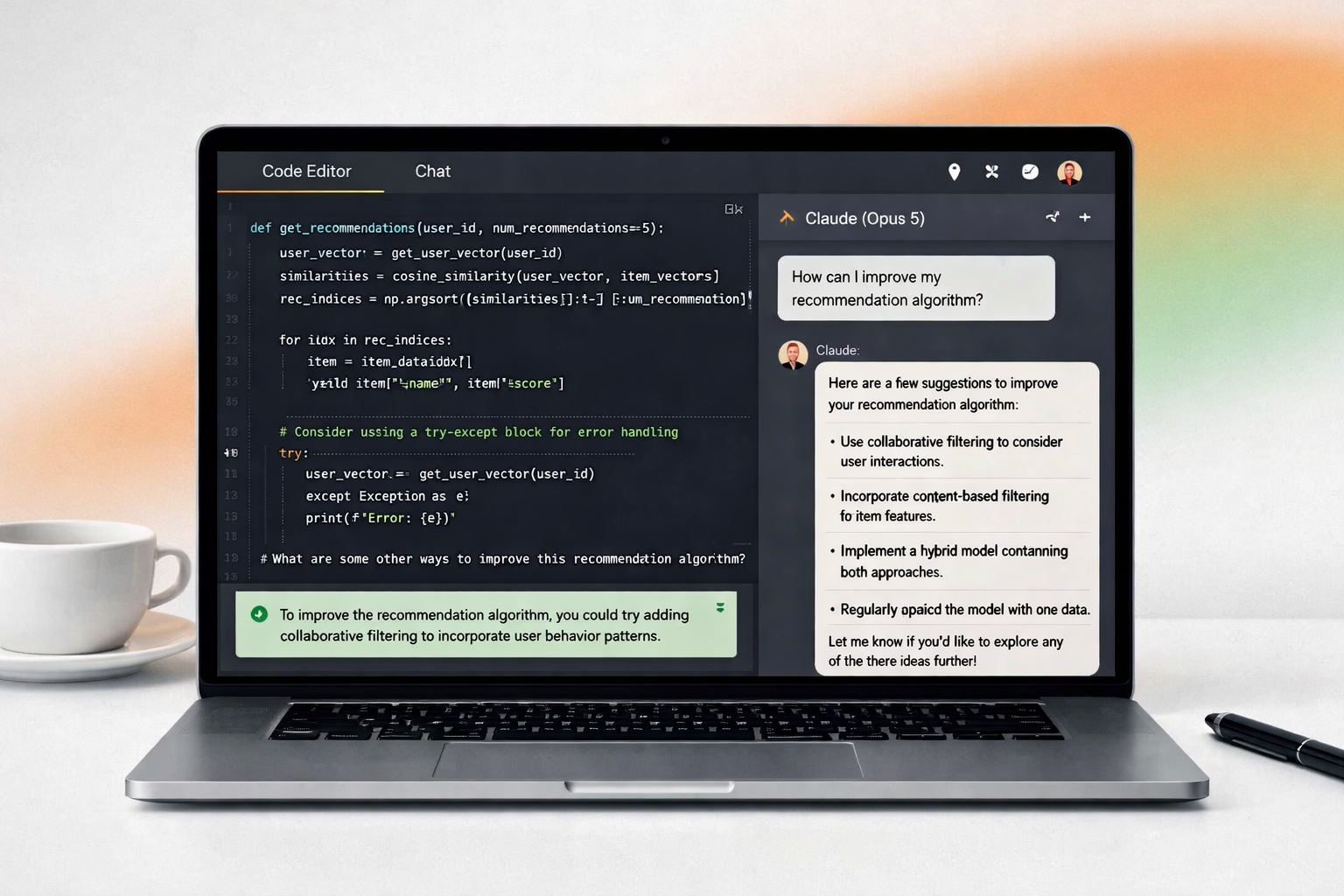Claude Opus 5 AI assistant providing code recommendations in integrated code editor with chat interface on laptop screen.