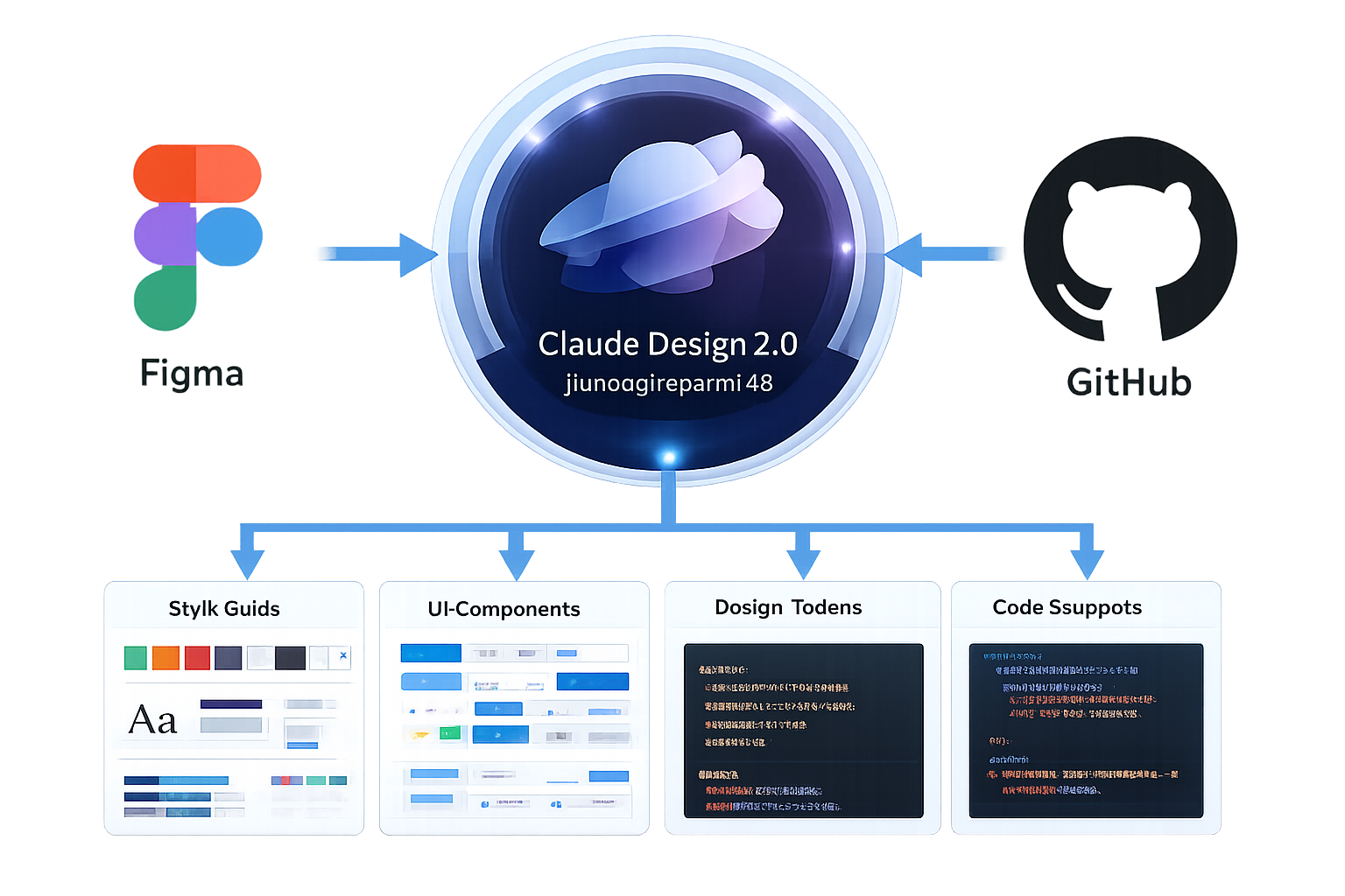 Claude Design 2.0 workflow: Figma to GitHub integration with style guides, UI components, design tokens, and code snippets.