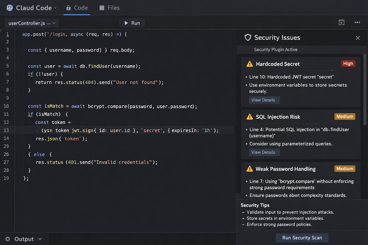 Claude Code security scan detecting hardcoded secrets, SQL injection risks, and weak password handling in Node.js login co...