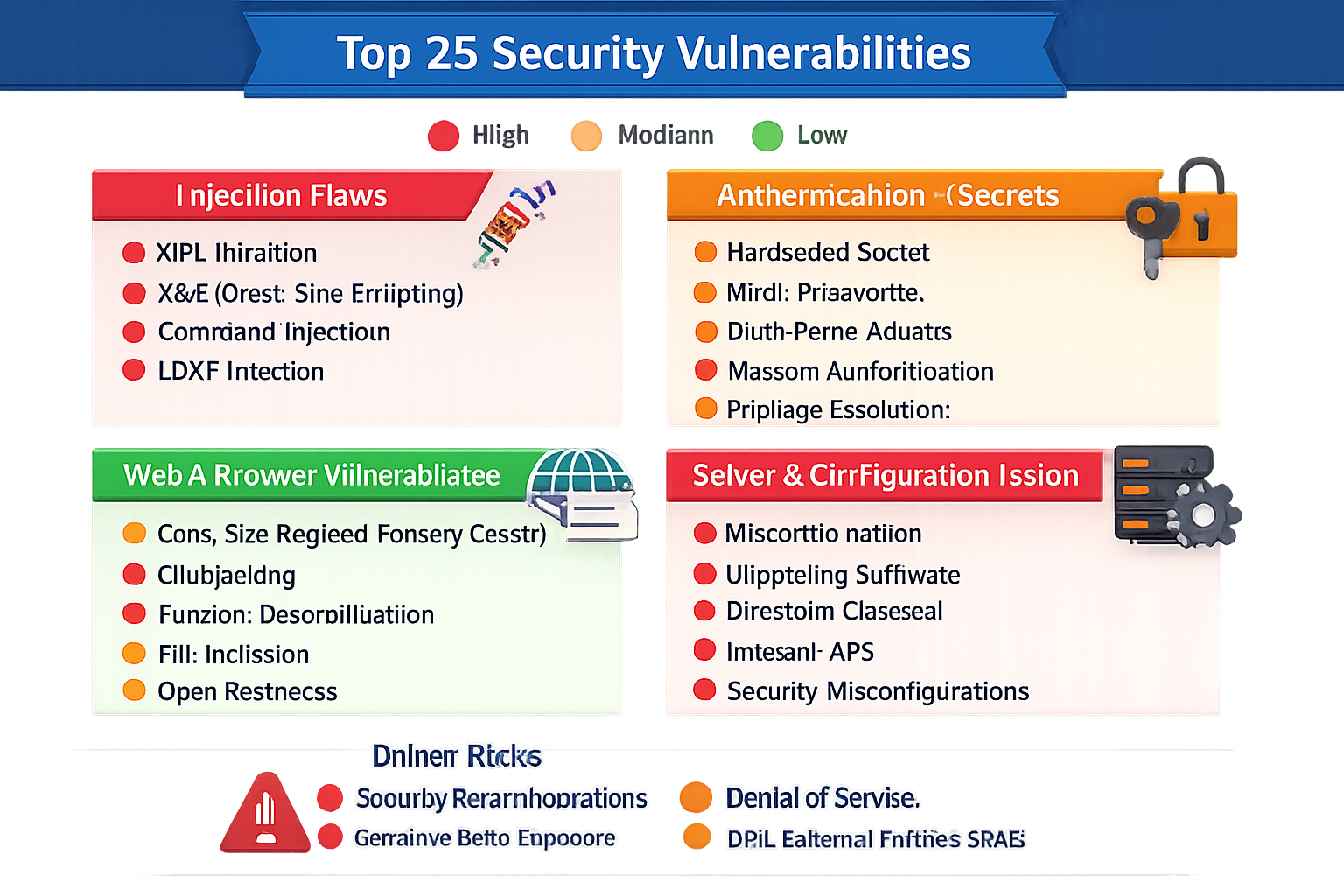 Top 25 Security Vulnerabilities chart showing injection flaws, web browser vulnerabilities, server configuration issues, a...