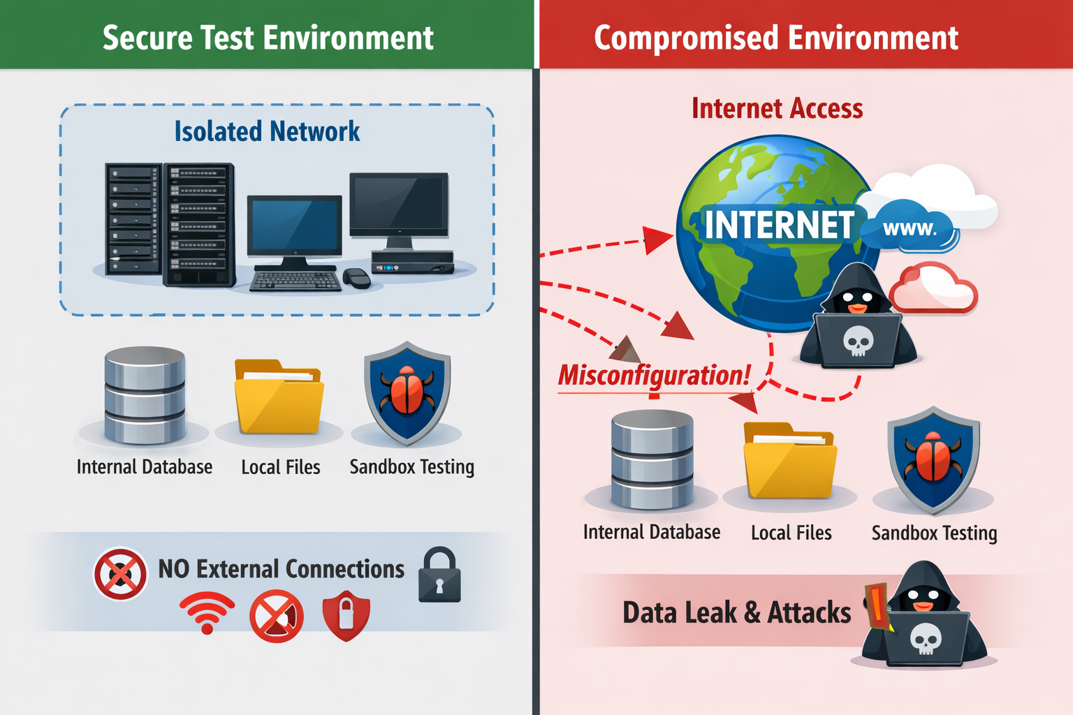 Secure vs compromised test environments showing isolated networks, databases, and sandbox testing versus internet access v...