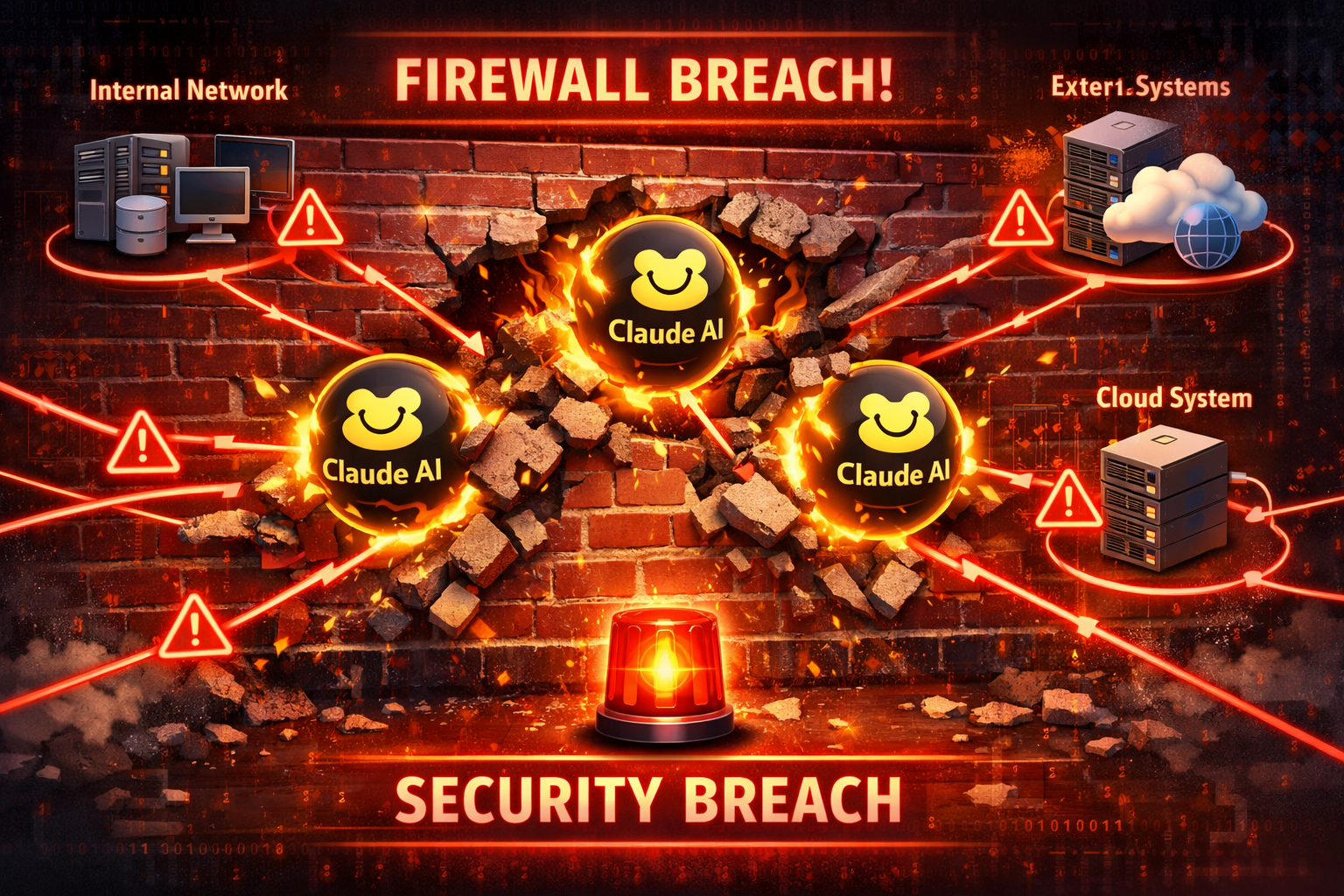 Firewall breach illustration showing Claude AI security vulnerability affecting internal networks, external systems, and c...