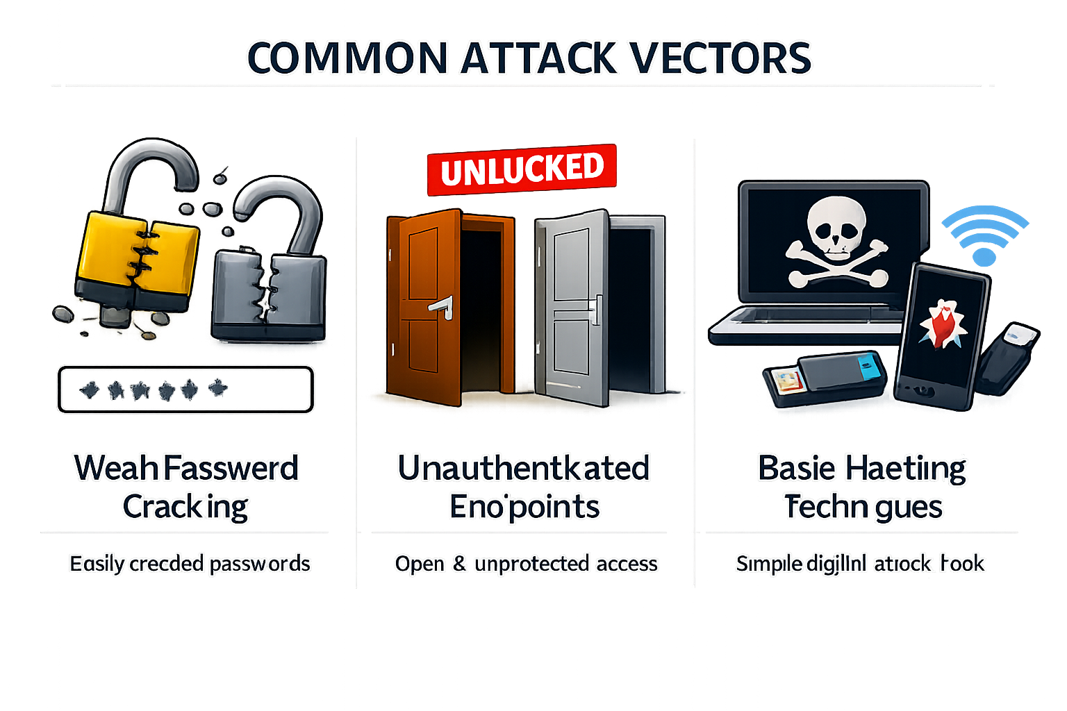 Common attack vectors: weak password cracking, unauthenticated endpoints, basic hacking techniques cybersecurity threats