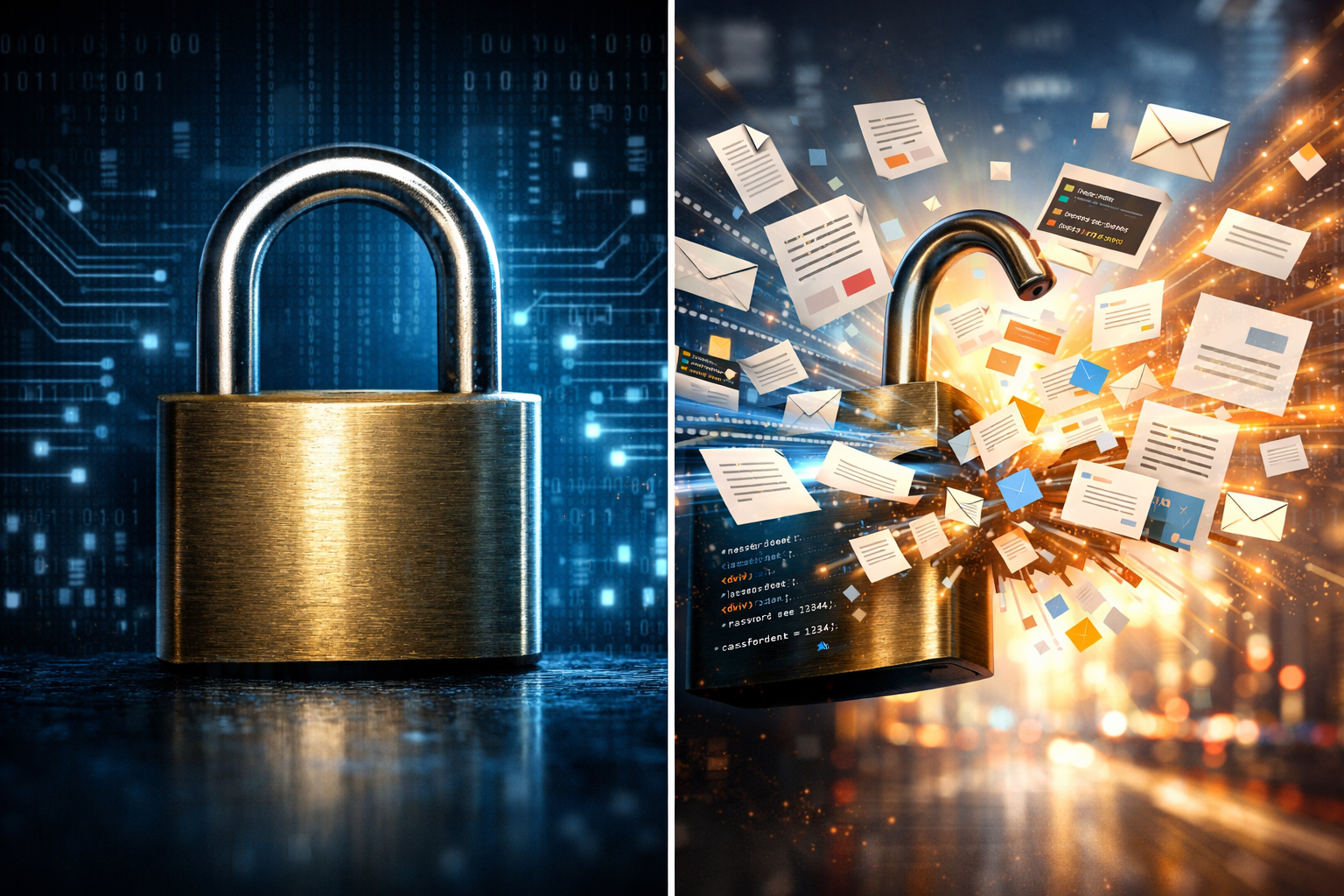 Locked padlock with digital breach showing exposed emails and data files, illustrating cybersecurity vulnerability and pri...