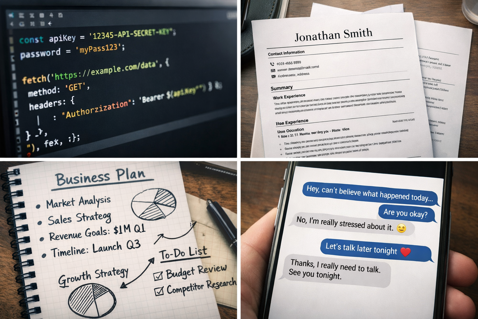 Exposed sensitive data including API keys, passwords, resume, business plans, and private messages on smartphone screen.