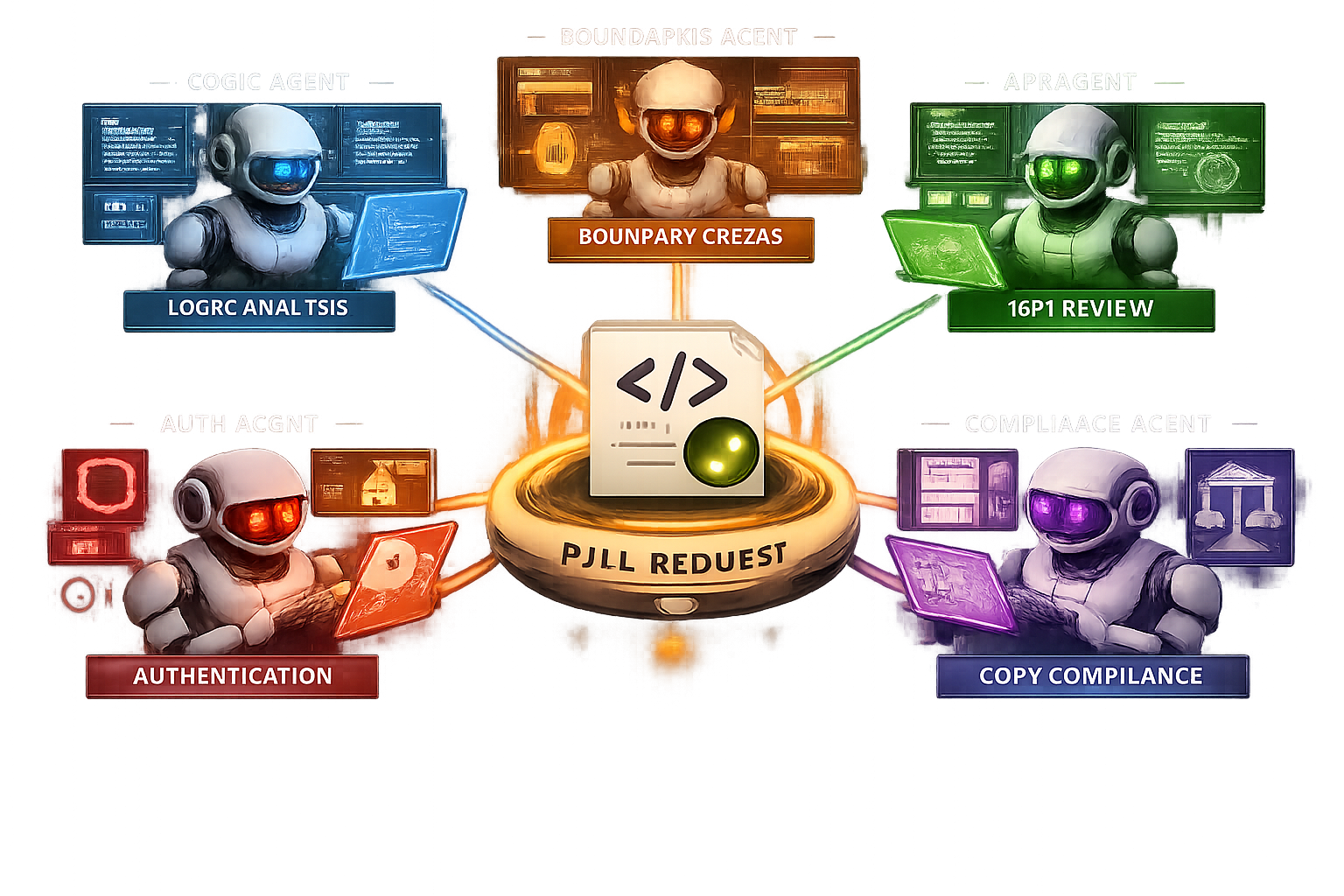 Claude Code AI agents diagram: PJLL Request hub connecting Logic Analysis, Boundary Crezas, 16P1 Review, Authentication, a...