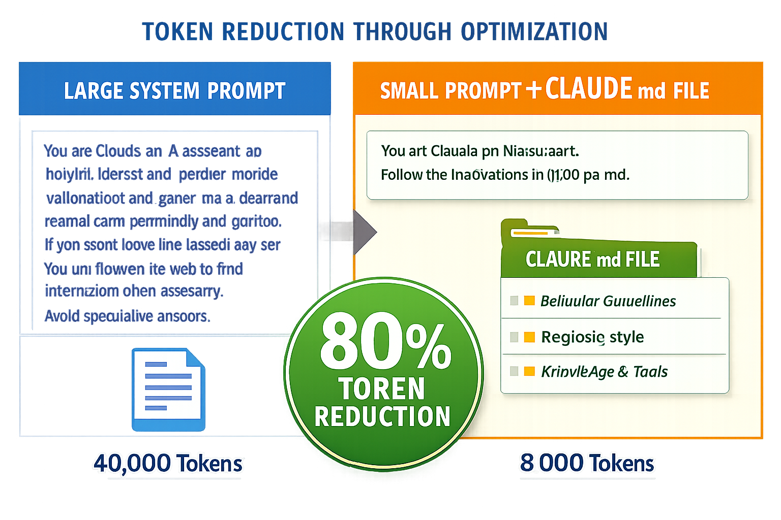 Token reduction comparison: Large system prompt (40,000 tokens) vs optimized Claude markdown file (8,000 tokens) achieving...