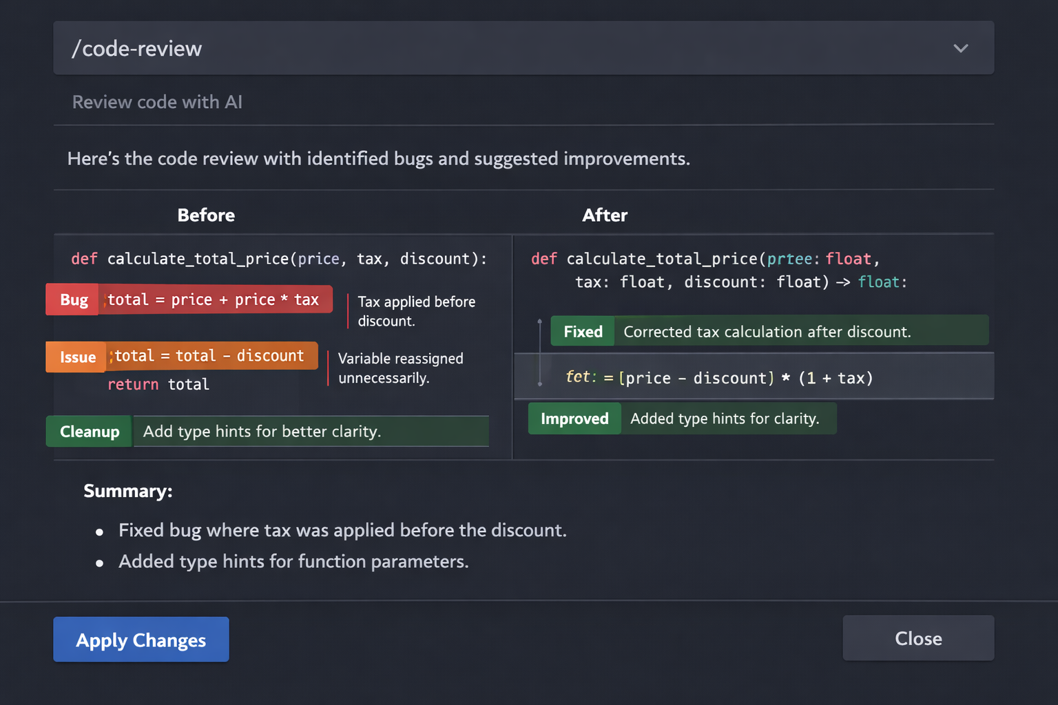 AI code review showing bug fixes: tax calculation corrected, type hints added, improved clarity with before/after comparison.