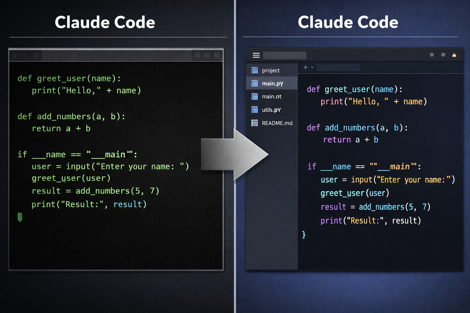Claude Code interface showing Python script with syntax highlighting, file explorer, and side-by-side code comparison for ...