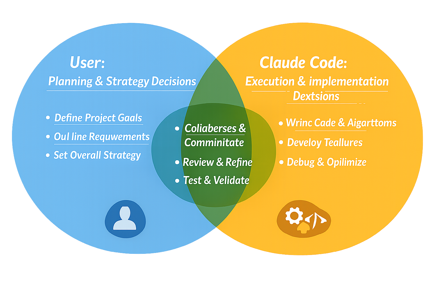 Venn diagram showing User planning & strategy vs Claude Code execution roles, with collaboration activities in the overlap...