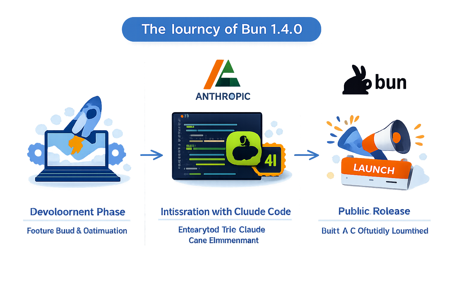 Bun 1.4.0 journey: development phase, Claude Code integration with Anthropic, public launch with dedicated coding agent.