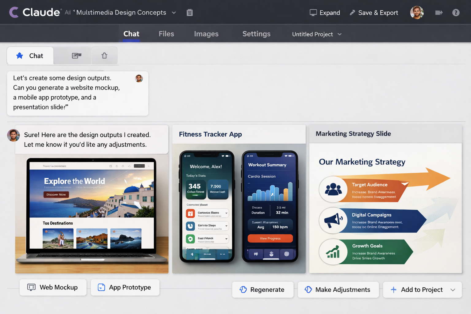 Claude AI design workspace showing website mockup, fitness app prototype, and marketing strategy slide outputs