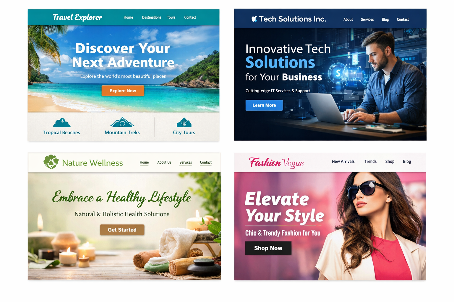 Four website hero sections: Travel Explorer beach destination, Tech Solutions Inc. IT services, Nature Wellness health lif...