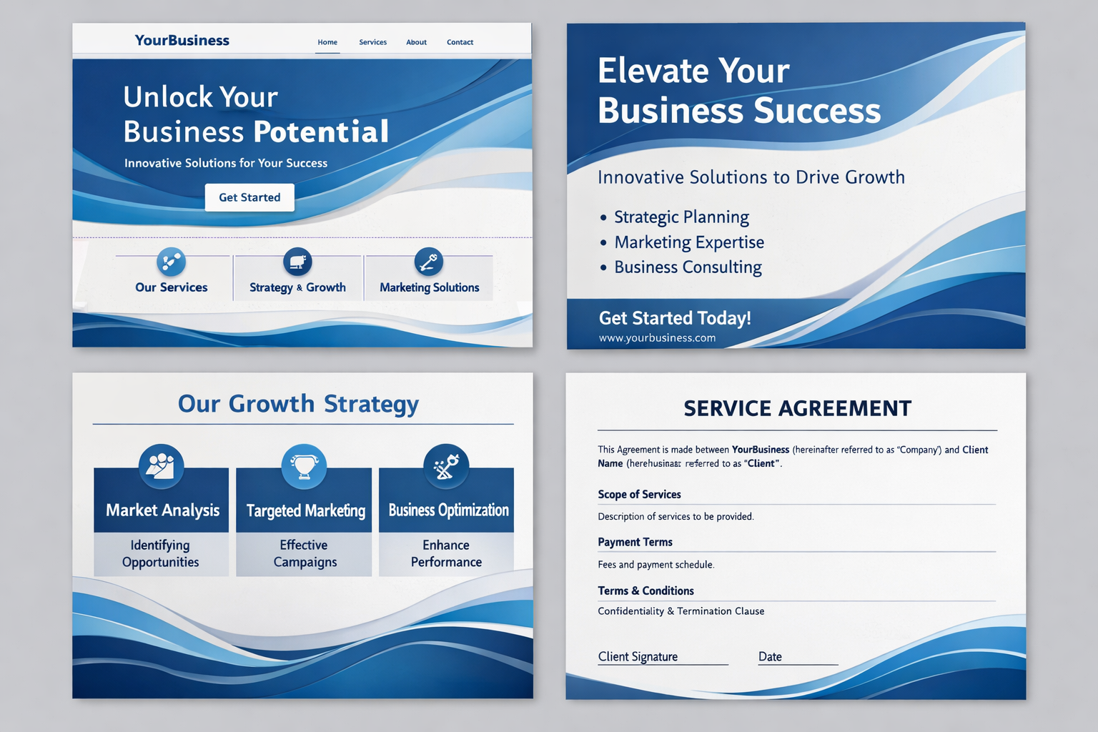 YourBusiness branding templates: website homepage, flyer, growth strategy, and service agreement with blue wave design ele...