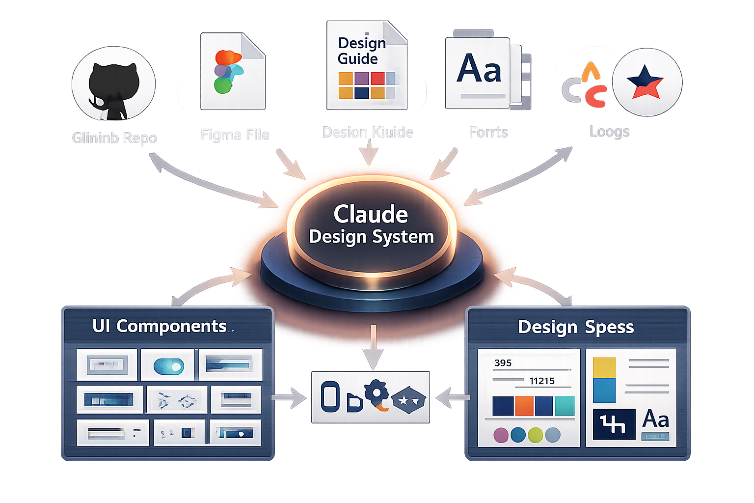 Claude Design System architecture showing integration of Figma, design guide, fonts, and Loogs with UI components and desi...