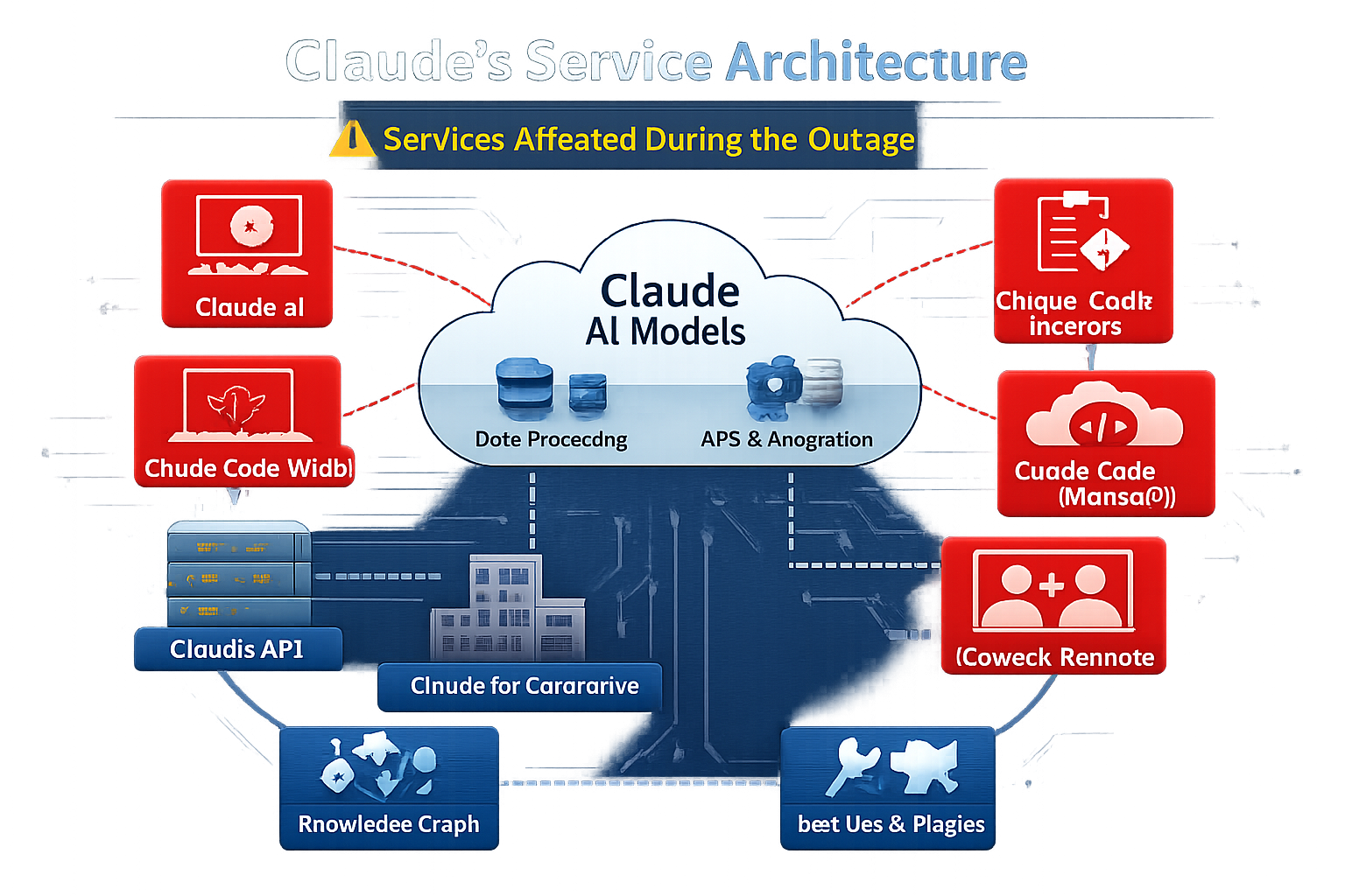 Claude's service architecture diagram showing affected services during July 28 outage including AI Models, APIs, and code ...