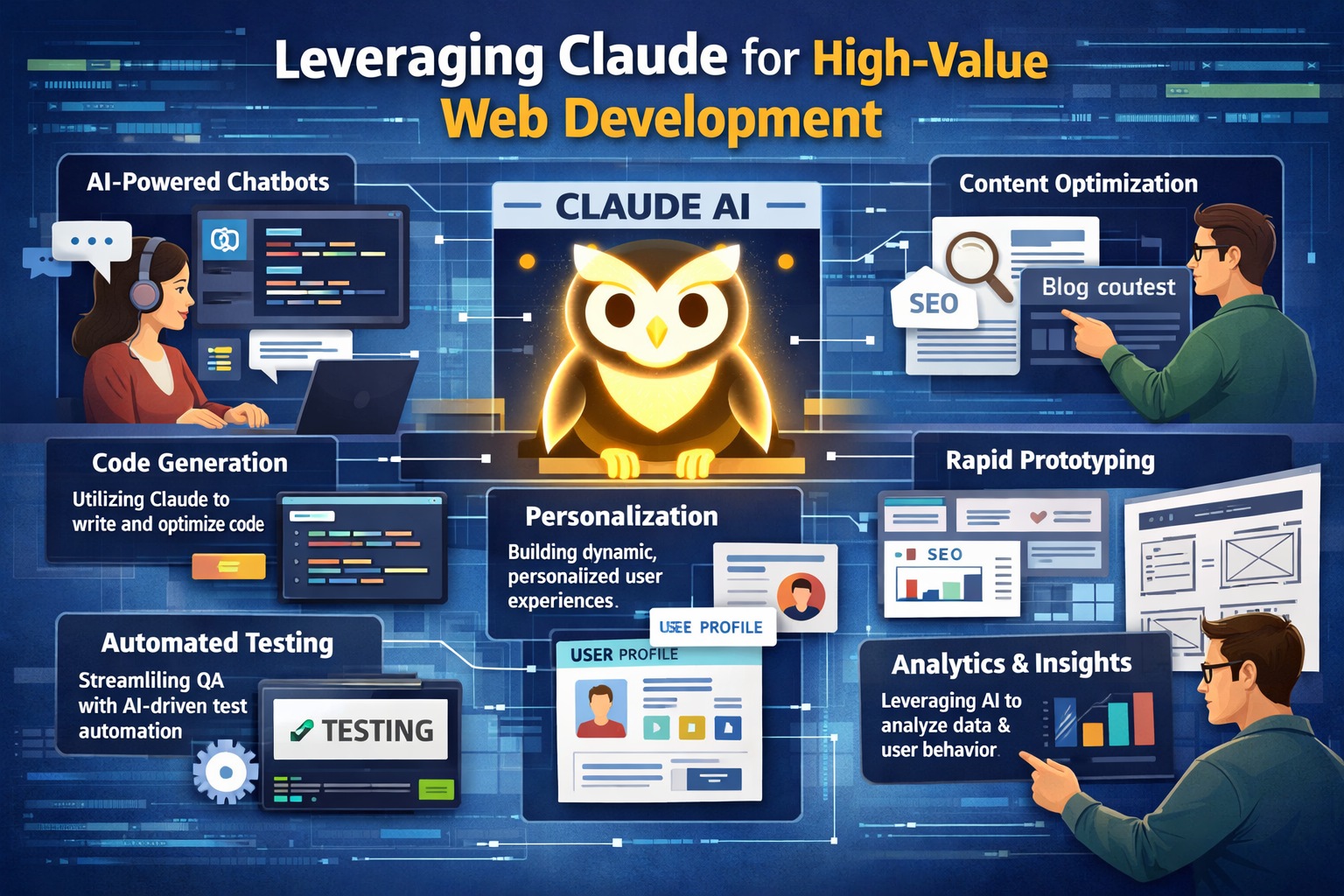 Claude AI applications for web development: chatbots, code generation, testing, personalization, content optimization, and...