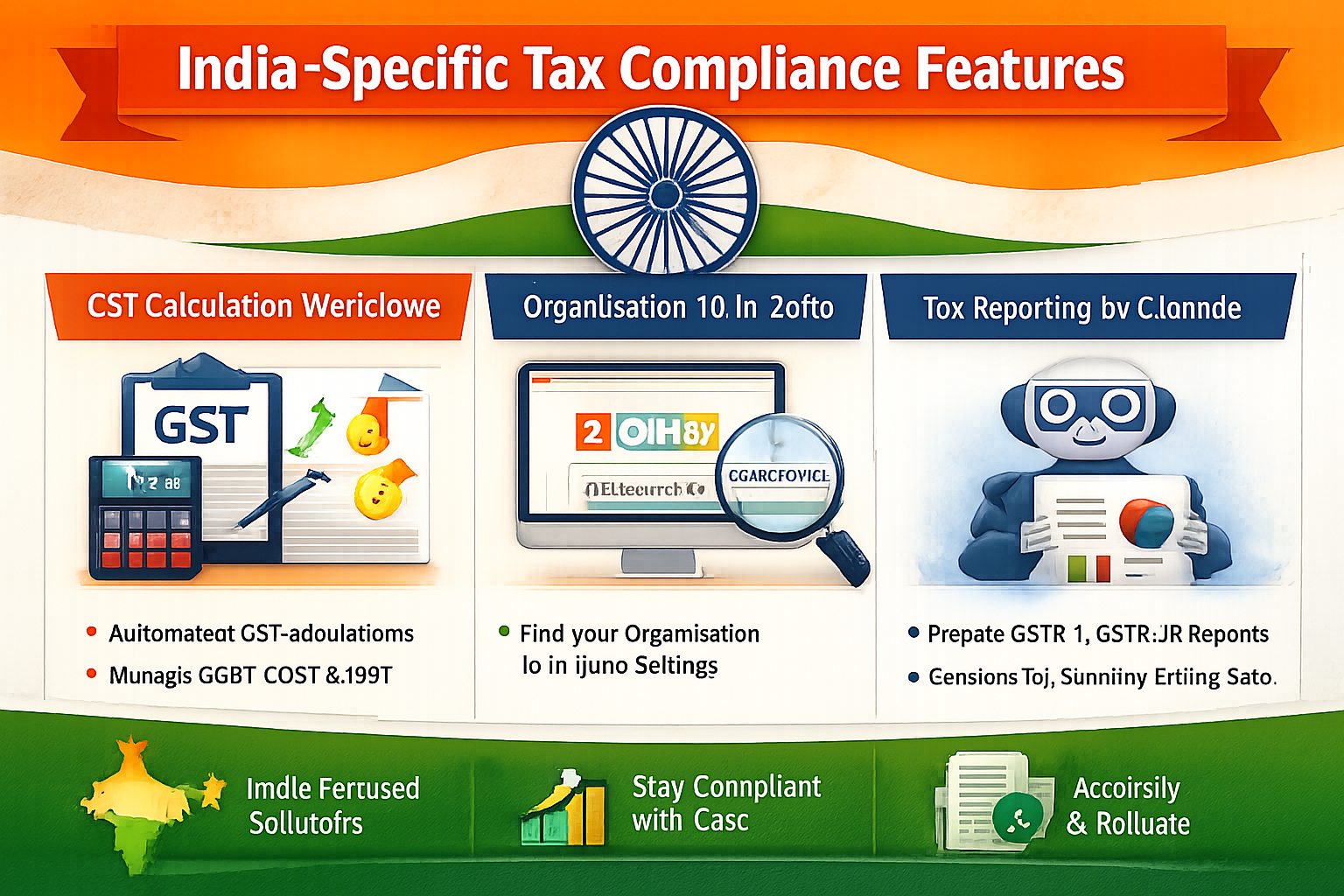 India tax compliance features: GST calculation, Organisation 10 integration, tax reporting automation for GSTR1 and JR rep...