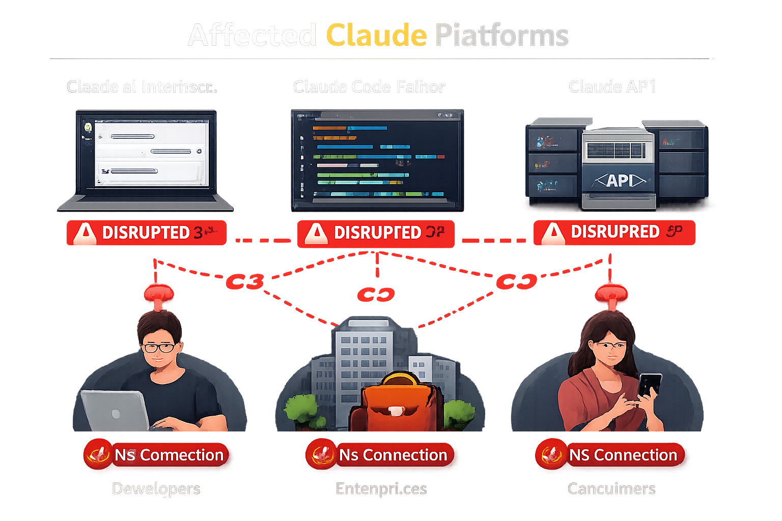 Claude platform outage affecting Internship, Code Fainer, and API services with NS Connection disruptions for developers a...