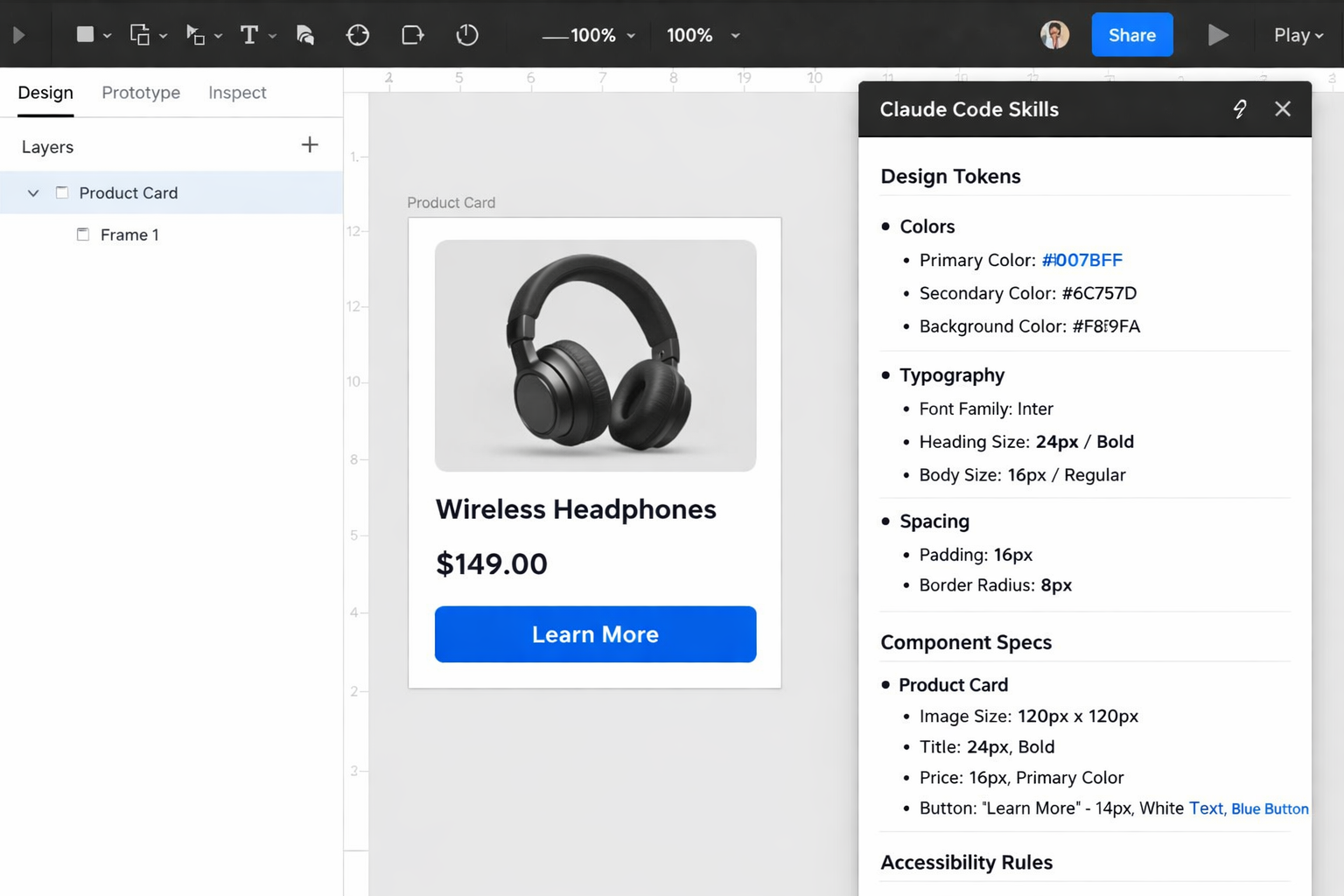 Figma design system with Claude Code Skills panel showing product card component specs, colors, typography, and accessibil...